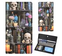 Handlein Womens Wallet, Extra Slim RFID Wallets, Leather Bifold Clutch Billfold Purse, with 11 Card Slots & ID Window, Cute Credit Card Holder Purse for Ladies Girls, Bookshelf Skull