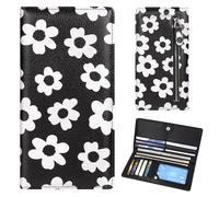 Handlein Womens Wallet, Extra Slim RFID Wallets, Leather Bifold Clutch Billfold Purse, with 11 Card Slots & ID Window, Cute Credit Card Holder Purse for Ladies Girls, Black White Flower