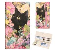 Handlein Womens Wallet, Extra Slim RFID Wallets, Leather Bifold Clutch Billfold Purse, with 11 Card Slots & ID Window, Cute Credit Card Holder Purse for Ladies Girls, Flower Cat