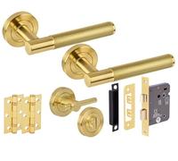 HANDLEZONE® Evo Knurled Grip Door Handles on Rose Bathroom Lock Pack with Knurled Turn Set, 76mm Lock, 75mm Ball Bearing Hinges - Brushed Brass