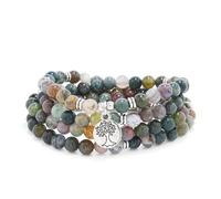Handmade 108 Stone Mala Beads with Tree of Life Charm - Wear as Necklace or Bracelet (Indian Agate)