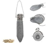 Handmade 1920's English Vintage Coin Purse Wallet, Chain Metal Mesh Wallet for Coins, Dice, Jewelry, Cosmetics, Mini Vintage Double Mesh Coin Holder Pouch Ideal for Collectible, Silver, Vintage