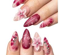 Handmade 24-piece nail polish set - European/American style flower-shaped rhinestone nail art pieces, finished fake nails stickers (24 pieces, Rose Red)