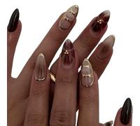 Handmade 24-piece nail polish set - European/American style flower-shaped rhinestone nail art pieces, finished fake nails stickers (24 pieces, Black and red)