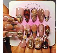 Handmade Acrylic Press On Nails Almond, Brown Press On Nails Medium, Flower 3D Nails French Tip Amber Gold Chrome For Women Gift, Reusable Stick On Fake Nails Kit With Nail Glue(Amber Bloom-S)