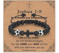 Handmade Adjustable Braid Cord Bracelet with Black Cross Charm & Soccer Ball Beads - Inspirational Christian Faith Jewelry Gift for Football Fans and Believers, Be Strong and Courageous Joshua 1:9