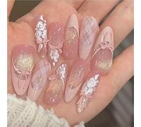 Handmade almond press-on nails gradient cat-eye pink French false nails bow design full coverage nail tips wearable false nails(S)