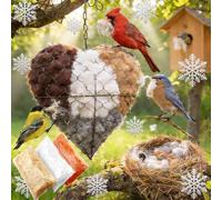 Handmade Alpaca Fiber Bird Nesting Heart,Refillable Nature Wool Material House Winter Shelter with 3 Bags Nest Materials， Starter Hummingbird Houses Nester Garden Art Birdhouse Outside Gifts