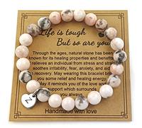 Handmade Alphabet Letters Love Heart Charm Pendant Healing Natural Gemstones 8mm Rose Pink Zebra Jasper Beads Stretched Beaded Bracelet,Anxiety Pain Stress Strain Fear Relief Beading Bracelets,Love