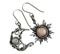 Handmade Antique Boho Silver Sun & Moon Shape Earrings | Unique Celestial Charm Vintage Style | Healing Crystal Mismatched Moonstone Earrings | (1 Pair)