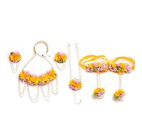 Handmade Artificial Flower & Pearl Jewelry Set for Women - Floral Necklace, Choker, Earrings, Maang Tikka, Bangles & Finger Ring - Bridal Accessory for Haldi, Mehndi, Wedding & Baby Shower, mix
