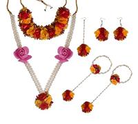 Handmade Artificial Flower & Pearl Jewelry Set for Women - Floral Necklace, Choker, Earrings, Maang Tikka, Bangles & Finger Ring - Bridal Accessory for Haldi, Mehndi, Wedding & Baby Shower, Polyester