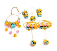 Handmade Artificial Flower & Pearl Jewelry Set for Women - Floral Necklace, Choker, Earrings, Maang Tikka, Bangles & Finger Ring - Bridal Accessory for Haldi, Mehndi, Wedding & Baby Shower, Mix