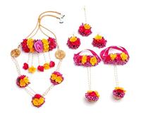 Handmade Artificial Flower & Pearl Jewelry Set for Women - Floral Necklace, Choker, Earrings, Maang Tikka, Bangles & Finger Ring - Bridal Accessory for Haldi, Mehndi, Wedding & Baby Shower, mix
