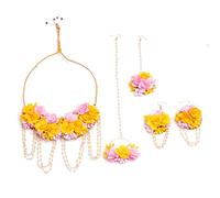 Handmade Artificial Flower & Pearl Jewelry Set for Women - Floral Necklace, Choker, Earrings, Maang Tikka, Bangles & Finger Ring - Bridal Accessory for Haldi, Mehndi, Wedding & Baby Shower, mix