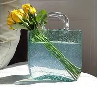 Handmade Bag Vase, Decorative Hand-Blown Glass Flower Vase with Handles, Modern Contemporary Home Decor, Transparent Bubble Glass Art Piece for Living Room, Dining Table, Coffee Table