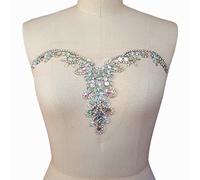Handmade Beaded Sequin AB Color Bling Sew On Neckline Rhinestone Crystal Trim Bridal Applique Design Patch Sewing for Wedding Dresses DIY Decoration 20x34cm (AB)