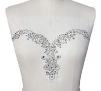 Handmade Beaded Sequin Bling Sew On Neckline Rhinestone Crystal Trim Bridal Applique Design Patch Sewing for Wedding Dresses DIY Decoration 20x34cm (Silver Color)