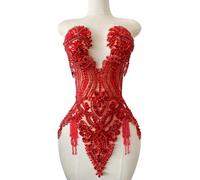 Handmade Beautiful Large Bodice Applique Pure Handsewing Patch with Crystal and Beads for Dresses DIY Acceessories (Red)