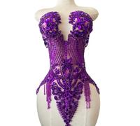 Handmade Beautiful Large Bodice Applique Pure Handsewing Patch with Crystal and Beads for Dresses DIY Acceessories (Purple)