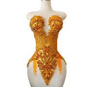 Handmade Beautiful Large Bodice Applique Pure Handsewing Patch with Crystal and Beads for Dresses DIY Acceessories (Gold)