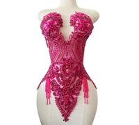 Handmade Beautiful Large Bodice Applique Pure Handsewing Patch with Crystal and Beads for Dresses DIY Acceessories (Rose red)