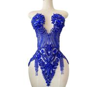 Handmade Beautiful Large Bodice Applique Pure Handsewing Patch with Crystal and Beads for Dresses DIY Acceessories (Blue)