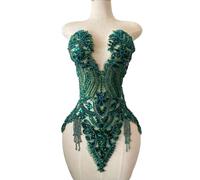 Handmade Beautiful Large Bodice Applique Pure Handsewing Patch with Crystal and Beads for Dresses DIY Acceessories (Deepgreen)