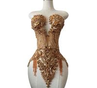 Handmade Beautiful Large Bodice Applique Pure Handsewing Patch with Crystal and Beads for Dresses DIY Acceessories (Champagne)