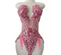 Handmade Beautiful Large Bodice Applique Pure Handsewing Patch with Crystal and Beads for Dresses DIY Acceessories (Pink)