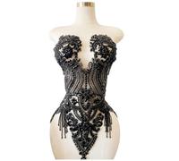 Handmade Beautiful Large Bodice Applique Pure Handsewing Patch with Crystal and Beads for Dresses DIY Acceessories (Black)