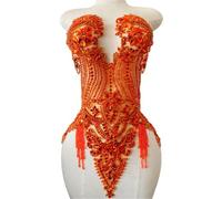 Handmade Beautiful Large Bodice Applique Pure Handsewing Patch with Crystal and Beads for Dresses DIY Acceessories (Orange)