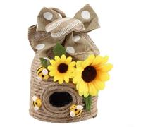 Handmade Bee Hive Decoration, Natural Hemp Rope Beehouse with Sunflower and Buffalo Check Bow, Cute Farmhouse Decor for Indoor Outdoor Use, Tiered Tray Centerpiece, 12cm x 10cm(A and A)