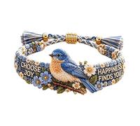 Handmade Bird Embroidered Bracelet, Adjustable Floral Jewelry, Inspirational Accessory with Encouraging Meaning, Ideal Gift for Women and Bird Lovers (BlueBird)