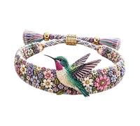 Handmade Bird Embroidered Bracelet, Adjustable Floral Jewelry, Inspirational Accessory with Encouraging Meaning, Ideal Gift for Women and Bird Lovers (Hummingbird)