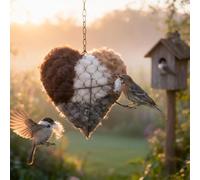 Handmade Bird Nesting Material Holder, Heart Shaped Alpaca Wool & Cotton Fibre Dispenser for Wild Birds, Refillable Hanging Nester Station, Garden Outdoor Decor & Gifts for Bird Lovers