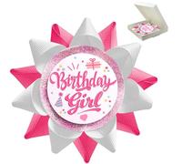 Handmade Birthday Girl Button, Happy Birthday Button Pins for Girls or Women, White Hot Pink Grosgrain Ribbon Pins for Birthday Party Decorations Supplies Accessories Gifts Ideas (3.75 * 3.75inch)