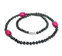 Handmade Black Agate and Classic White Freshwater Pearl Necklace - Textured Silver Bows and Beads - 30" Strand - Mothers Day Gift for Her, 30“, Pearl, Pearl