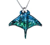 Handmade Blown Glass Ocean Blue Manta Ray Stingray Unique Pendant Necklace, Sea Animal Figurine, Cute Jewelry, Gift Ideas for Women and Men