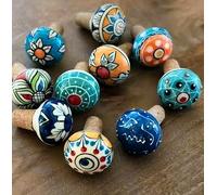Handmade Blue Pottery Ceramic Wine Bottle Stopper, Hand-Painted Floral Design, Multicolor with Cork Base (SKU167)