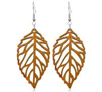 Handmade Bohemian Colorful Nature Wooden Leaf Dangle Drop Earrings Ethnic African Vintage Lightweight Boho Hollow Wood leaf Hook Earrings for Women Unique Geometry Jewelry, Wood