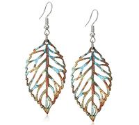 Handmade Bohemian Colorful Nature Wooden Leaf Dangle Drop Earrings Ethnic African Vintage Lightweight Boho Hollow Wood leaf Hook Earrings for Women Unique Geometry Jewelry, 73mm x 26mm, Wood
