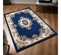 Handmade Bordered Easy To Clean Royal Blue Traditional Floral Wool Rug For Living Room & Bedroom-80Cm X 150Cm