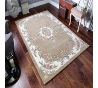 Handmade Bordered Floral Easy To Clean Beige Traditional Wool Rug For Living Room & Bedroom-200Cm X 285Cm