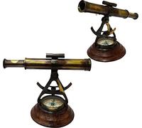 Handmade Brass Alidade Telescope With Compass Nautical Wooden Base Collectible Gift Item