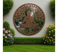 Handmade Buddha Wall Art with Tree of Life, Bronze with Black Touch Metal Plaque, 60cm Round, Acrylic Mirror, Powder Coated Steel, Indoor and Garden Decor