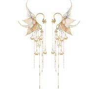 Handmade Butterfly Elf Ear Cuffs, Gold Crystal Tassel Non-Piercing Ear Wrap Earrings, Renaissance Fairy Wing Design with Pearl Beads