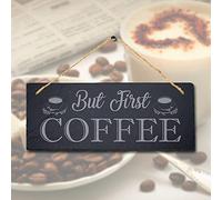 Handmade By Stukk But First Coffee Laser Hanging Cafe Kitchen Home Sign, Natural Engraved Slate Stone Plaque, 30x12cm (Large)