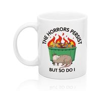 Handmade By Stukk The Horrors Persist But So Do I Funny Sarcastic Coffee Mug Opossum Dumpster Fire Vibes Coffee Cup Mental Health Gift for Men Women Motivational Gifts for Men Women Friend Cow | 11oz