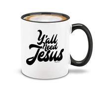 Handmade By Stukk Yall Need Jesus Ceramic Coffee Mug Tea Cup Black Handle Funny Sarcastic Religious Quote Design Novelty Humour Gift for Friend Coworker Christian Birthday Gift | Ceramic C | 11oz